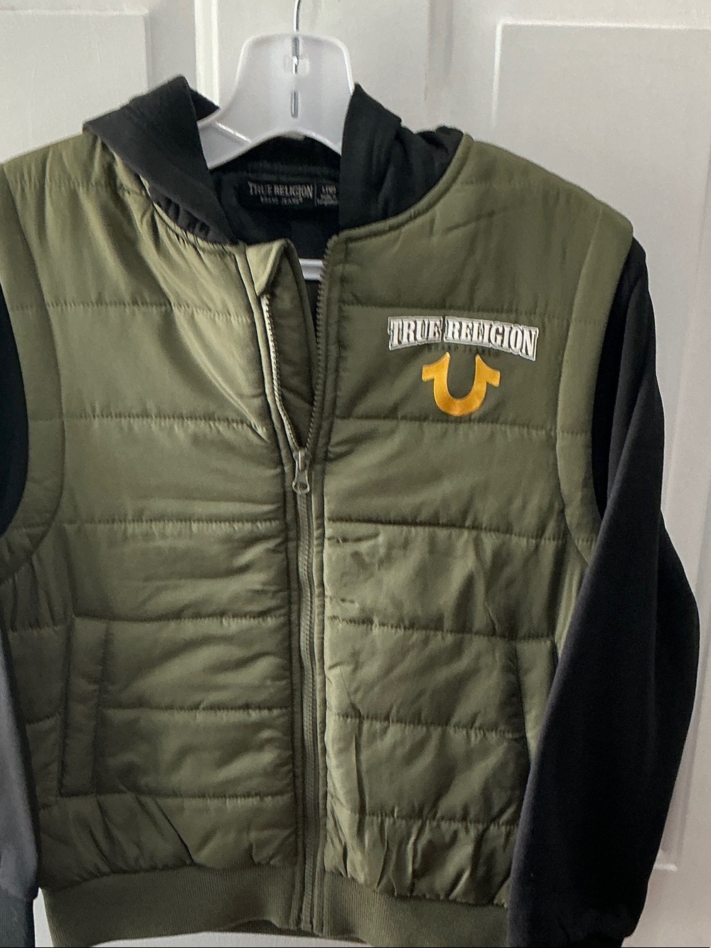 True Religion Olive Green Puffer Jacket with Black Sleeves and Yellow Logo